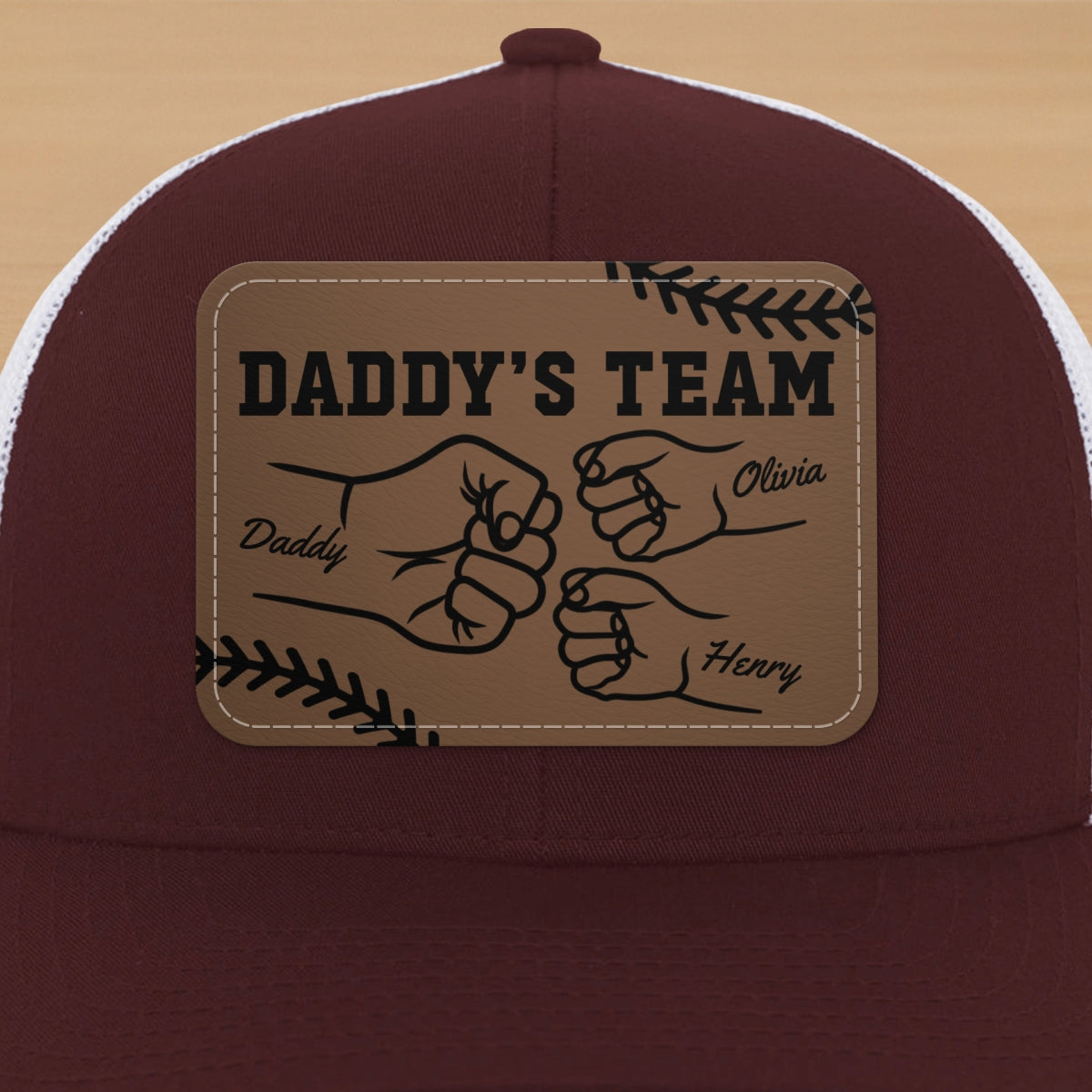 Baseball Daddy's Team Fist Bump Outline Personalized Leather Patch Hat