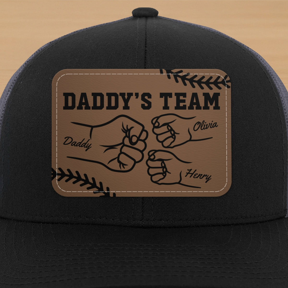 Baseball Daddy's Team Fist Bump Outline Personalized Leather Patch Hat