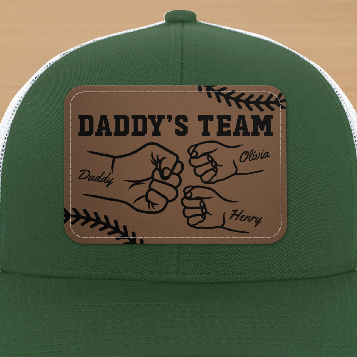 Baseball Daddy's Team Fist Bump Outline Personalized Leather Patch Hat
