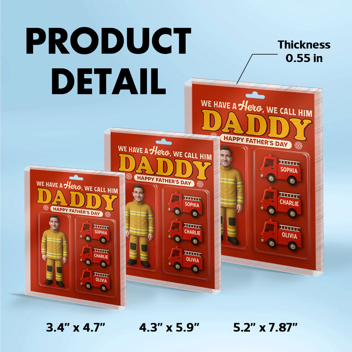 Firefighter Dad Hero Custom Figure 3D Effect Personalized Flat Acrylic Block Plaque, Unique Gift For Dad