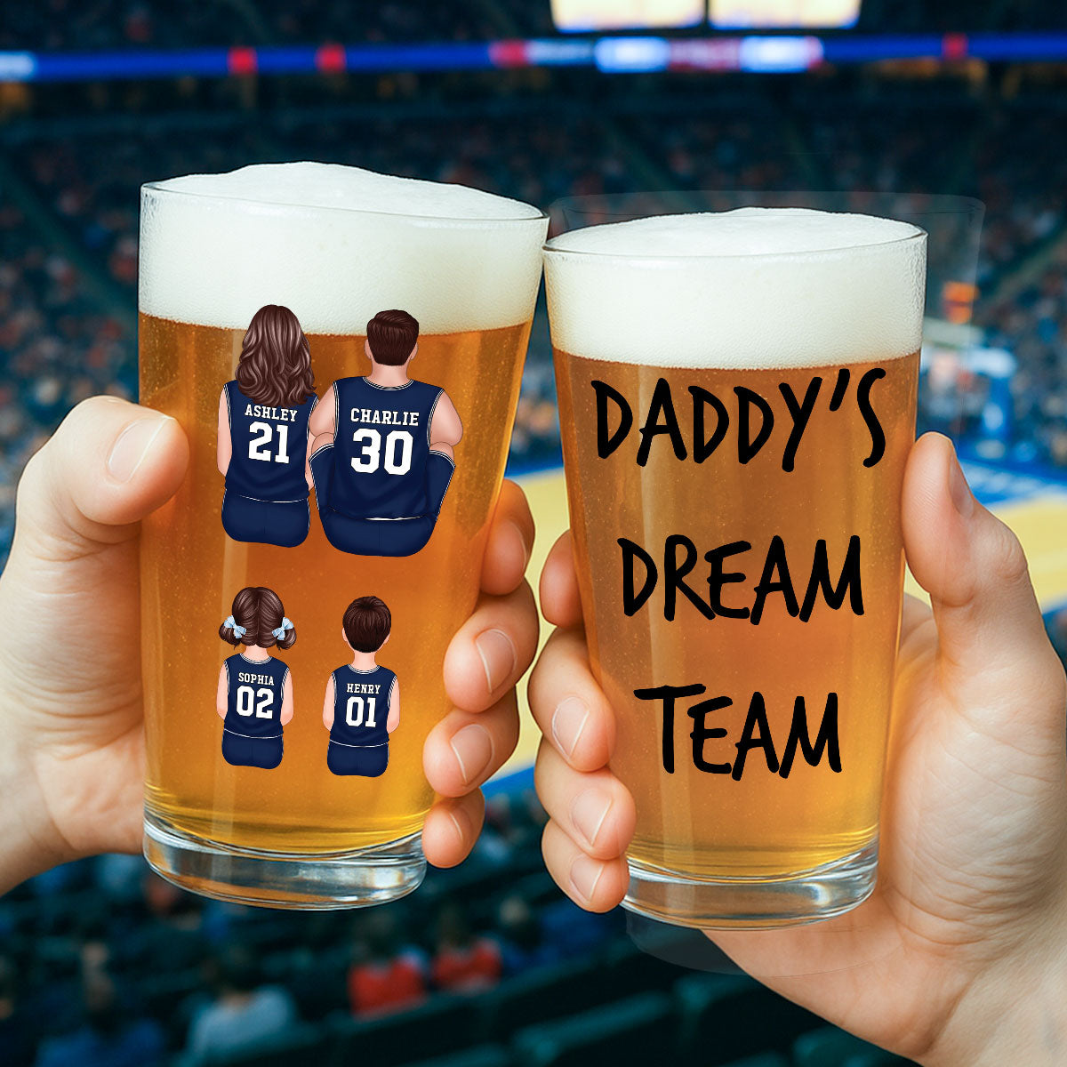 Daddy's Dream Team Basketball Personalized Beer Glass, Father's Day Gift for Dads