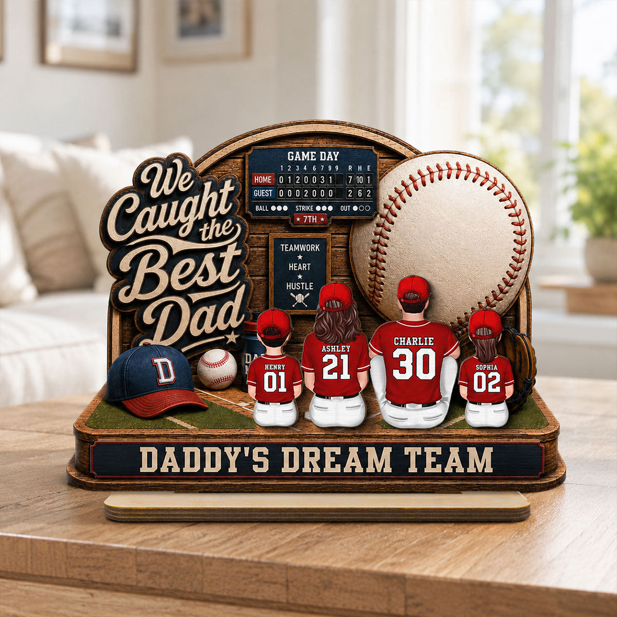 Baseball Things Dad & Kids Back View Sitting 2D Flat - Personalized 2-Layered Wooden Plaque - Happy For Baseball Dad