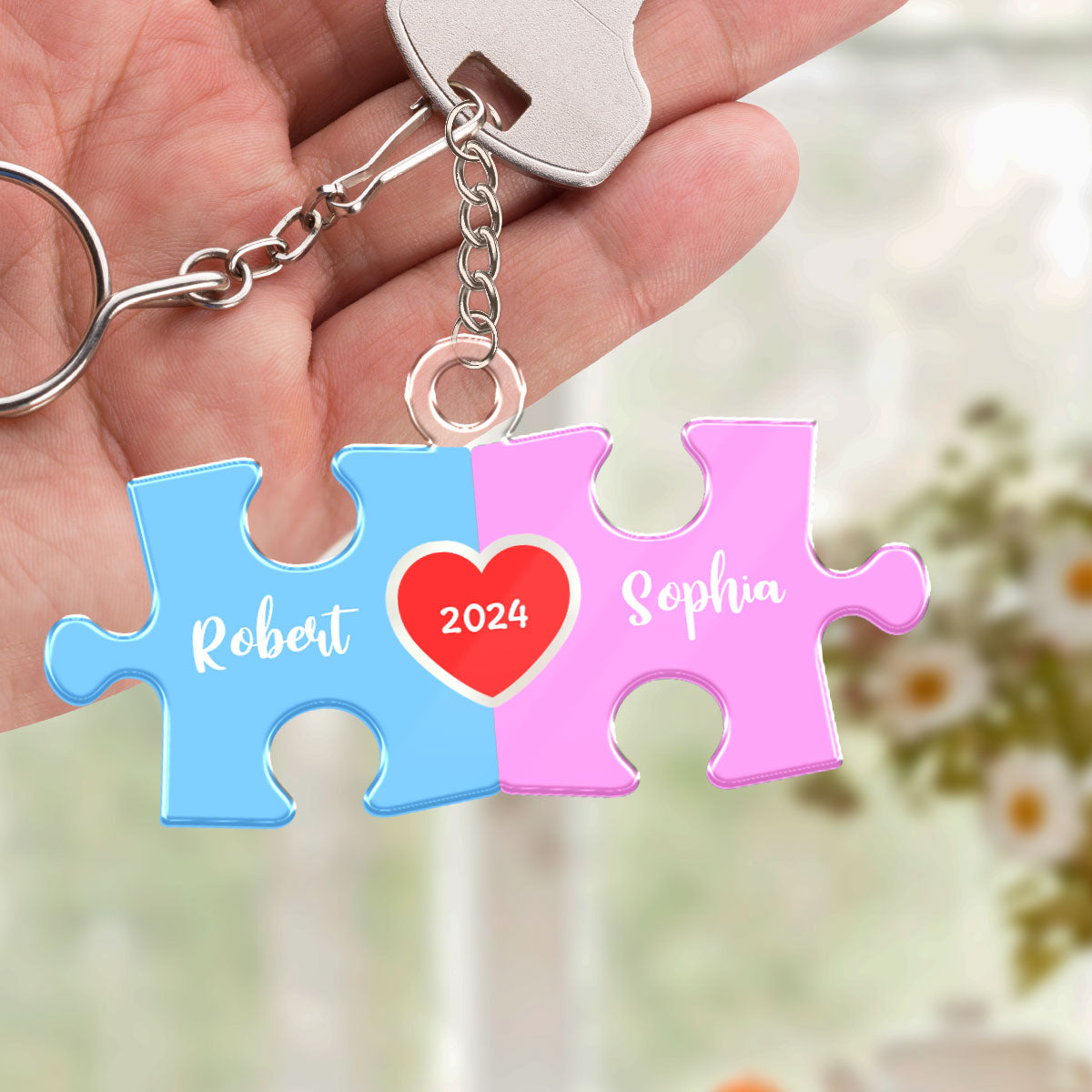 Love Is The Piece That Holds Us Together Acrylic Keychain, Personalize Couple Puzzle Name Sign, Gift For Him, For Her, Wedding Gift