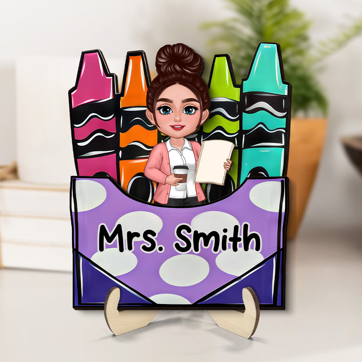 Teacher Crayon Box Personalized 2-Layer Wooden Plaque, Back To School Gift
