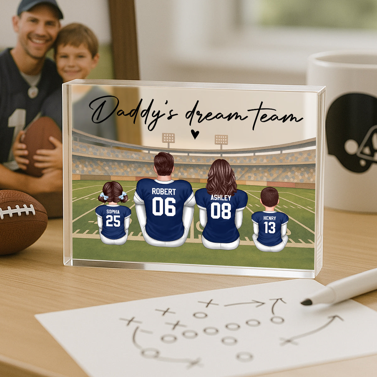 Retro Vintage American Football Daddy's Dream Team Personalized Acrylic Block Plaque| Unique Gift For Dad, Husband