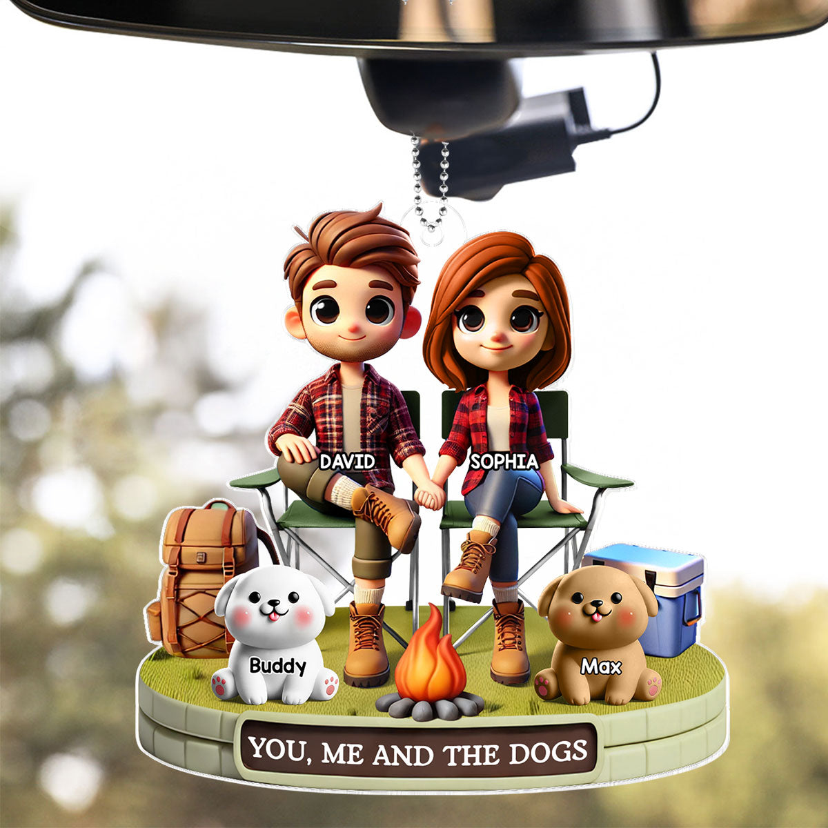 3D Effect Camping Couple And Dogs Cats Personalized Acrylic Car Hanger, Gift, Anniversary Gift, Couple Keepsake