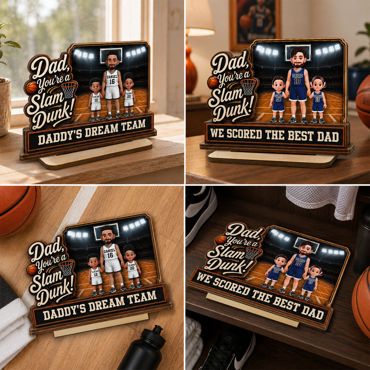 Dad You Are A Slam Dunk Basketball Man & Kids 2D Flat - Personalized 2-Layered Wooden Plaque - Gift For Basketball Dad
