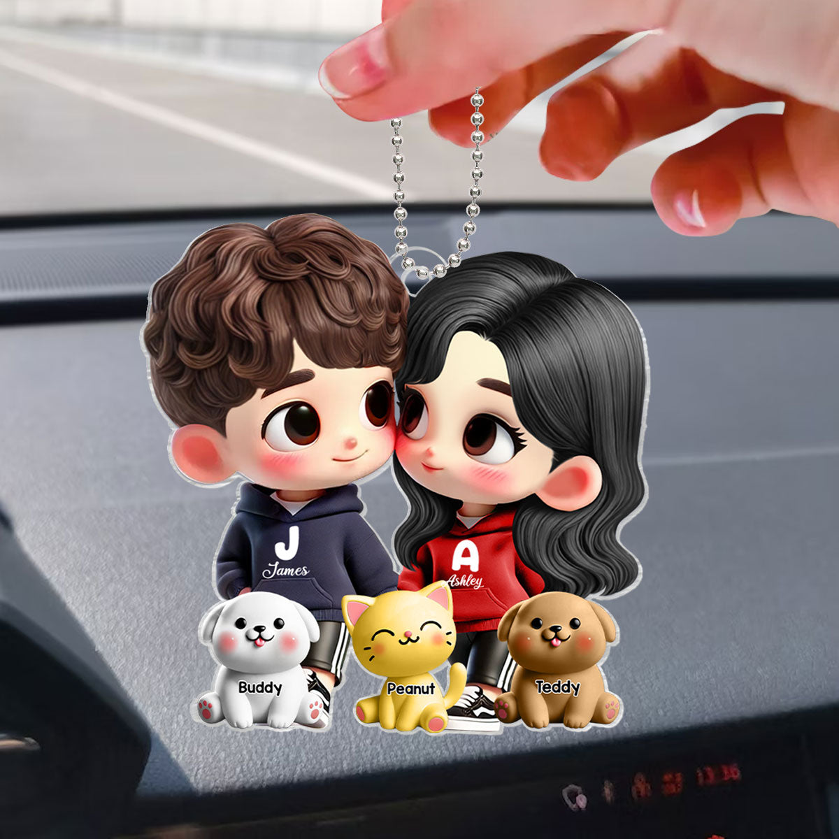 3D Effect Cute Cartoon Couple Holding Hands with Dogs Cats Personalized Acrylic Car Hanger, Anniversary & Gift for him, Gift for her