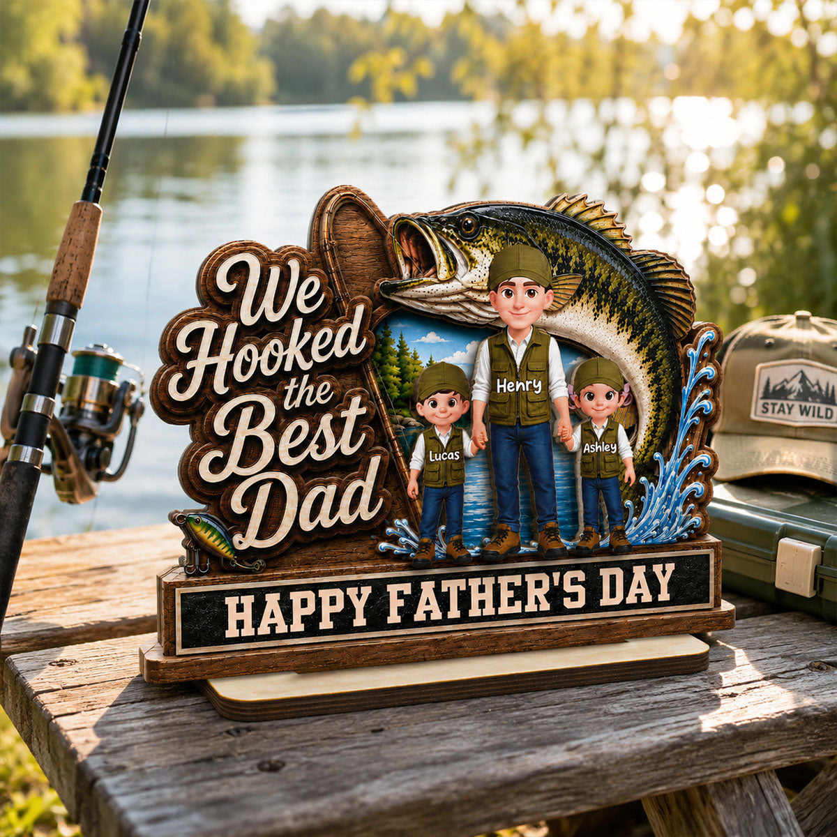We Hooked The Best Dad Fishing Man & Kids 2D Flat - Personalized 2-Layered Wooden Plaque - Gift For Fishing Dad