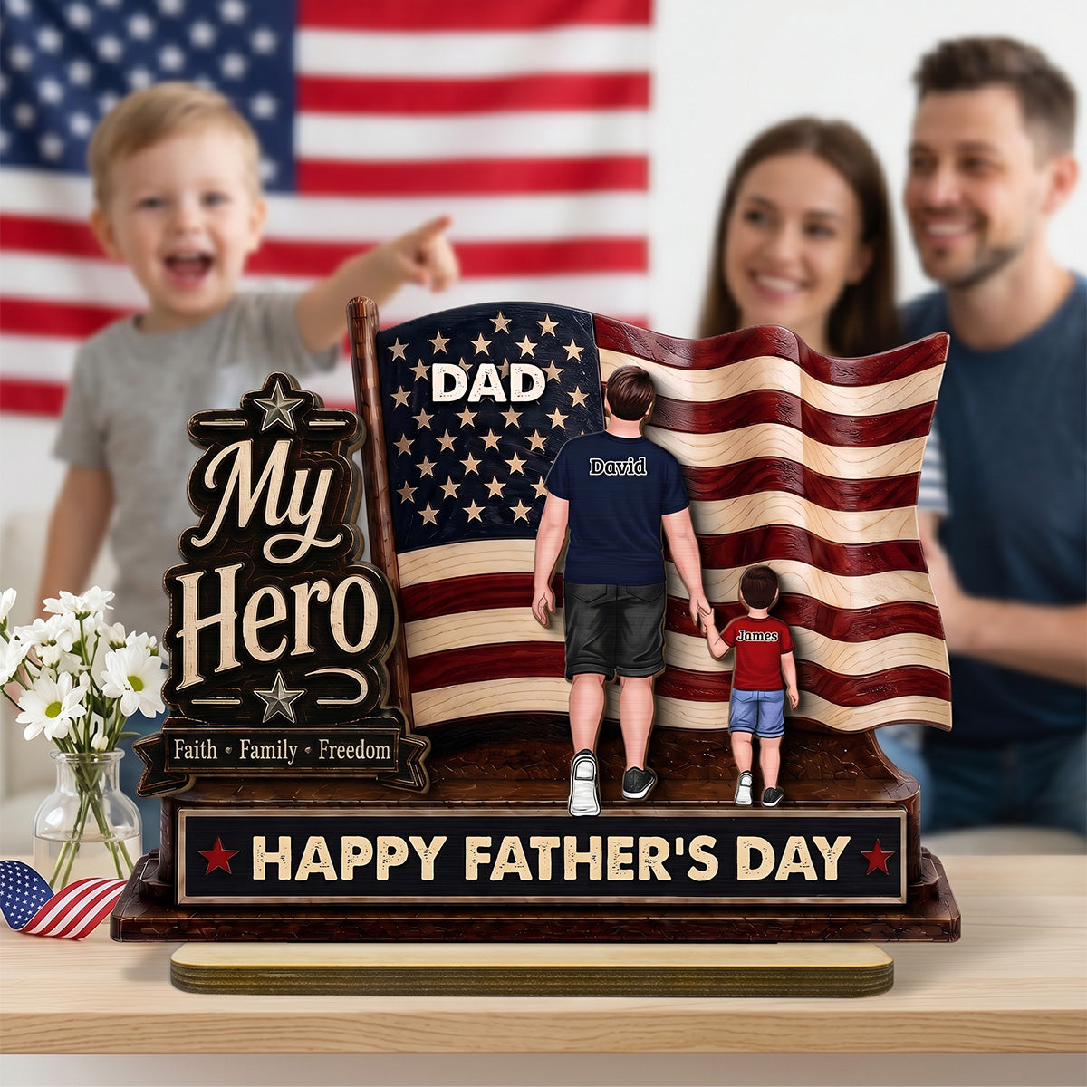 Dad Grandpa Our Hero American Flag 2D Flat - Personalized 2-Layered Wooden Plaque - Gift For Patriotic Dad, Grandpa, Husband