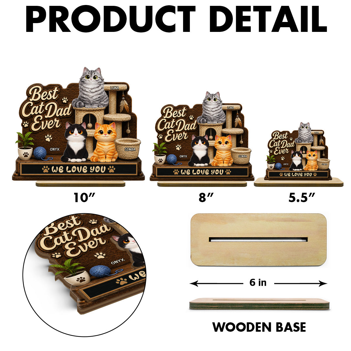 Best Cat Dad Ever Cute Cats On Cat Tree 2D Flat - Personalized 2-Layered Wooden Plaque - Gift For Cat Dad
