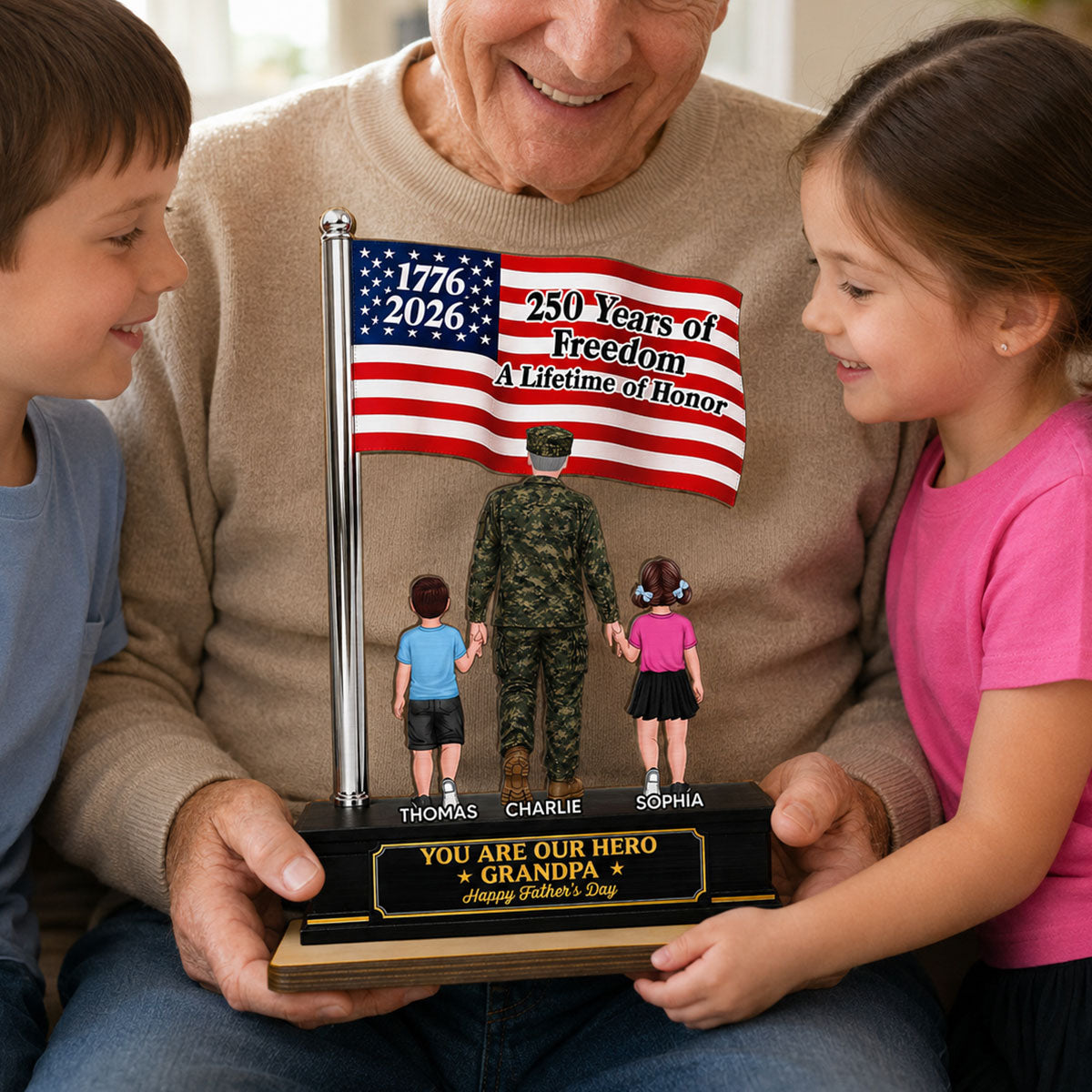 Proud American Military Veteran Grandpa Dad America 250th Anniversary - Personalized 2-Layered Wooden Plaque - Gift For Dad, Grandpa Husband