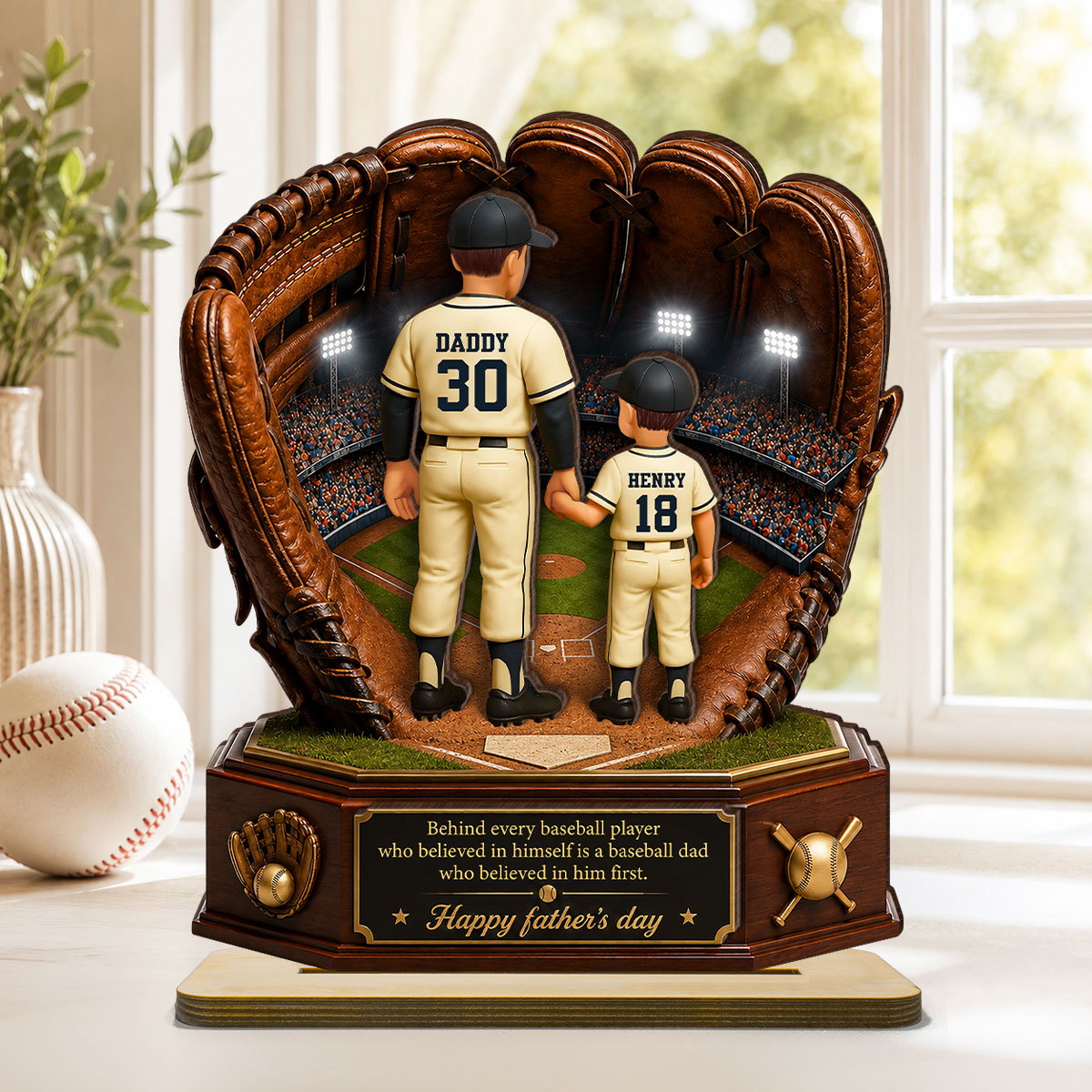 Behind Every Baseball Softball Player is a Dad - Personalized 2-Layered Wooden Plaque - Gift for Dad, Husband