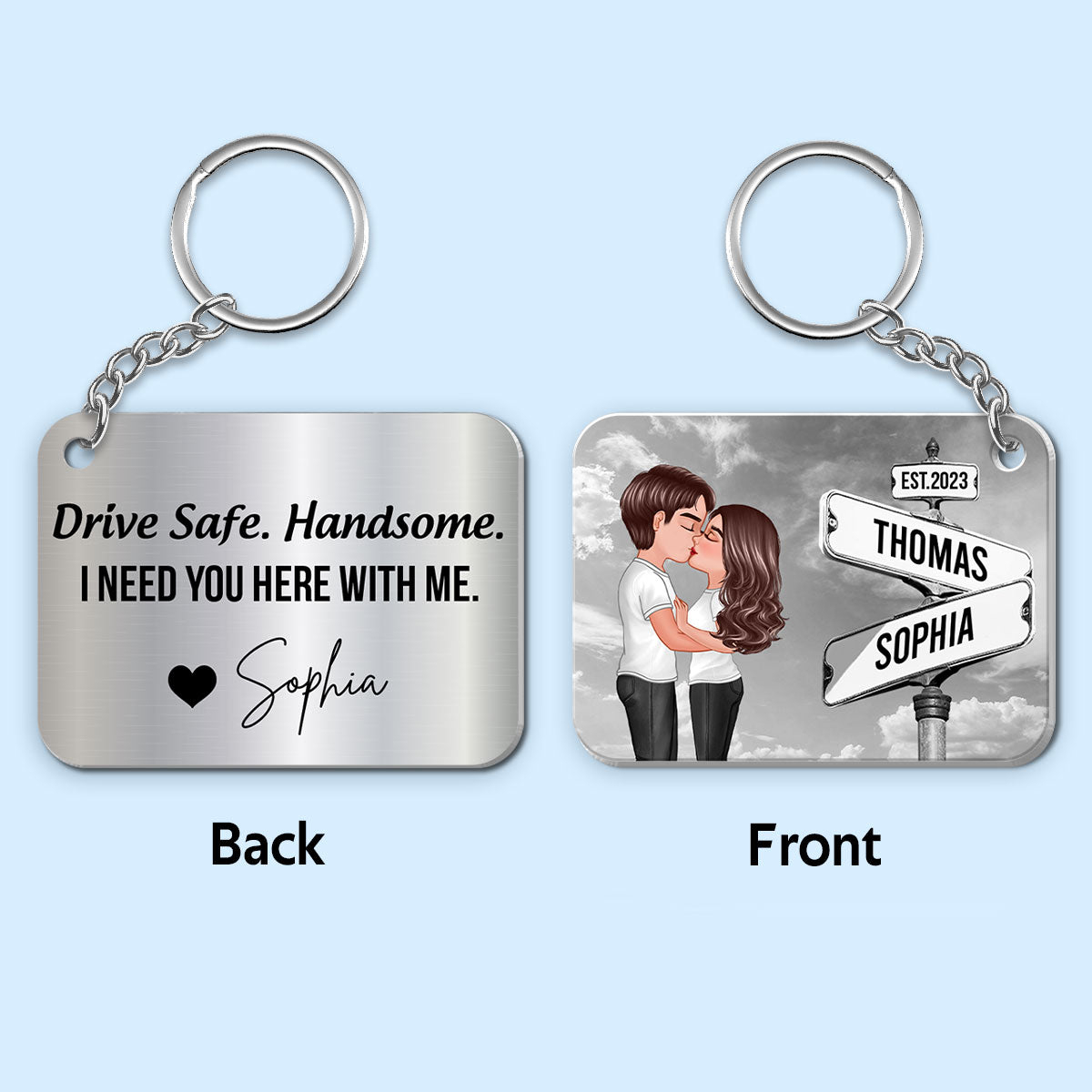 Drive Safe Couple Kissing Vintage Crossroads Street Sign Personalized Metal Keychain, Anniversary Gift For Him, Boyfriend, Husband