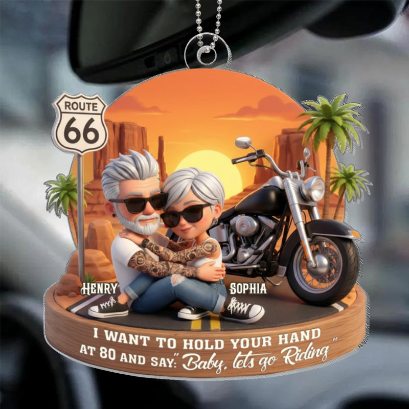 3D Effect Old Couple Baby Let's Go Riding - Personalized Acrylic Car Hanger - Sentimental Gift for him, for her