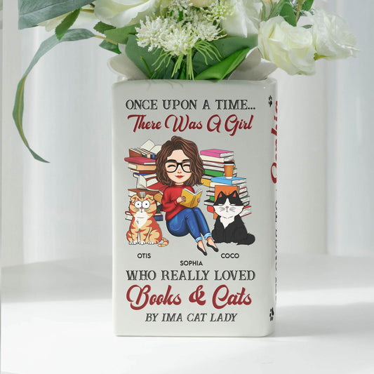 There Was A Girl Who Really Loved Books And Cats - Personalized Ceramic Book Vase