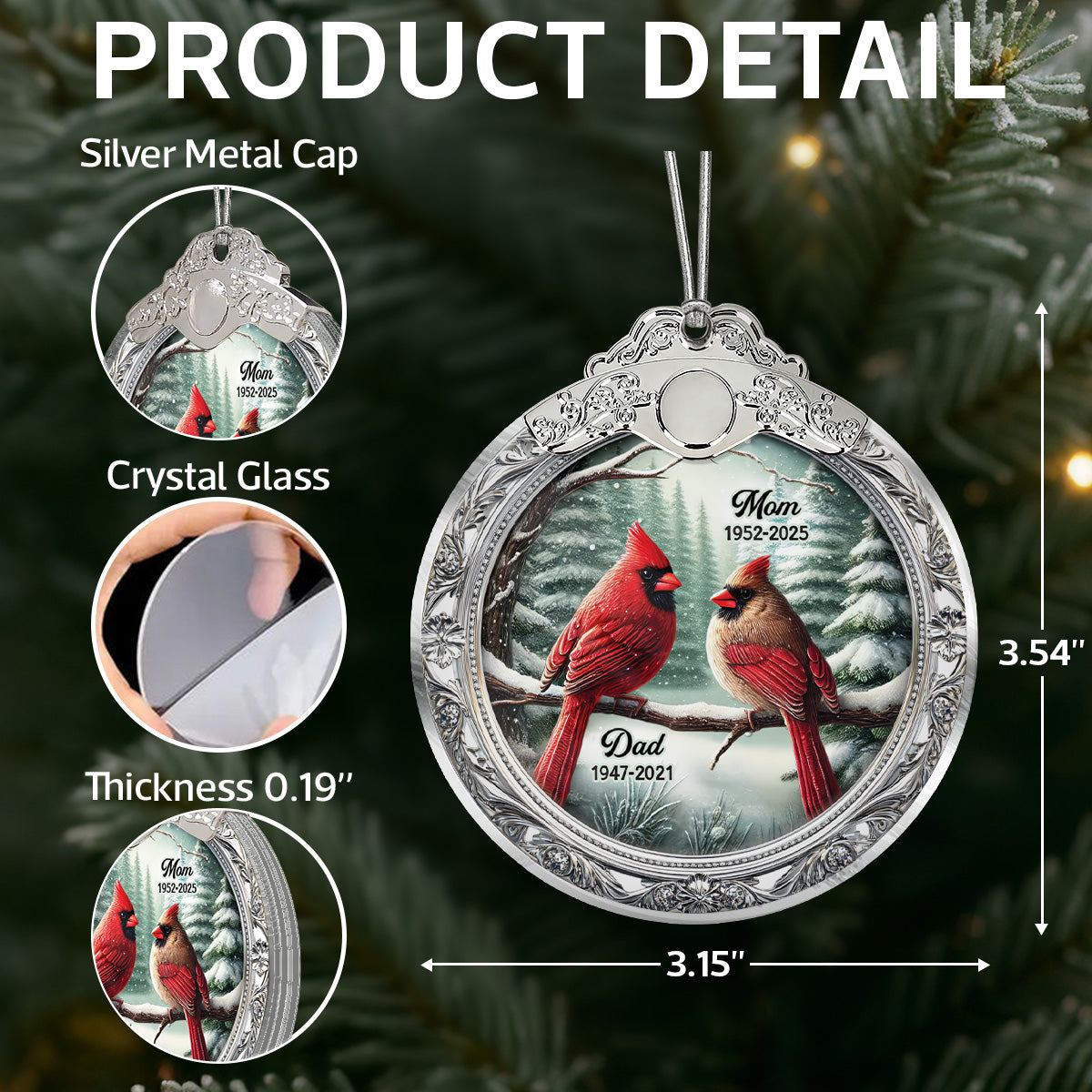 Winter Scene Memorial Cardinal 3D Effect - Personalized Glass Ornament With Silver Cap - Sympathy Gift Remembrance Keepsake