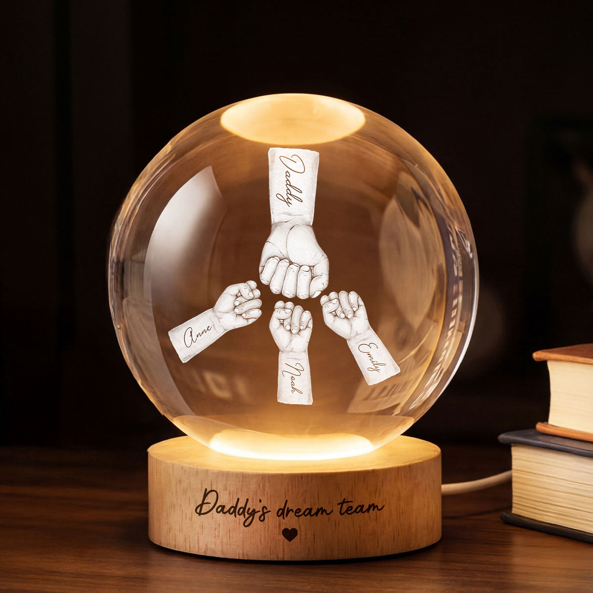 Daddy's Dream Team - Personalized Crystal Ball LED Night Light - Gift for Dad, Husband