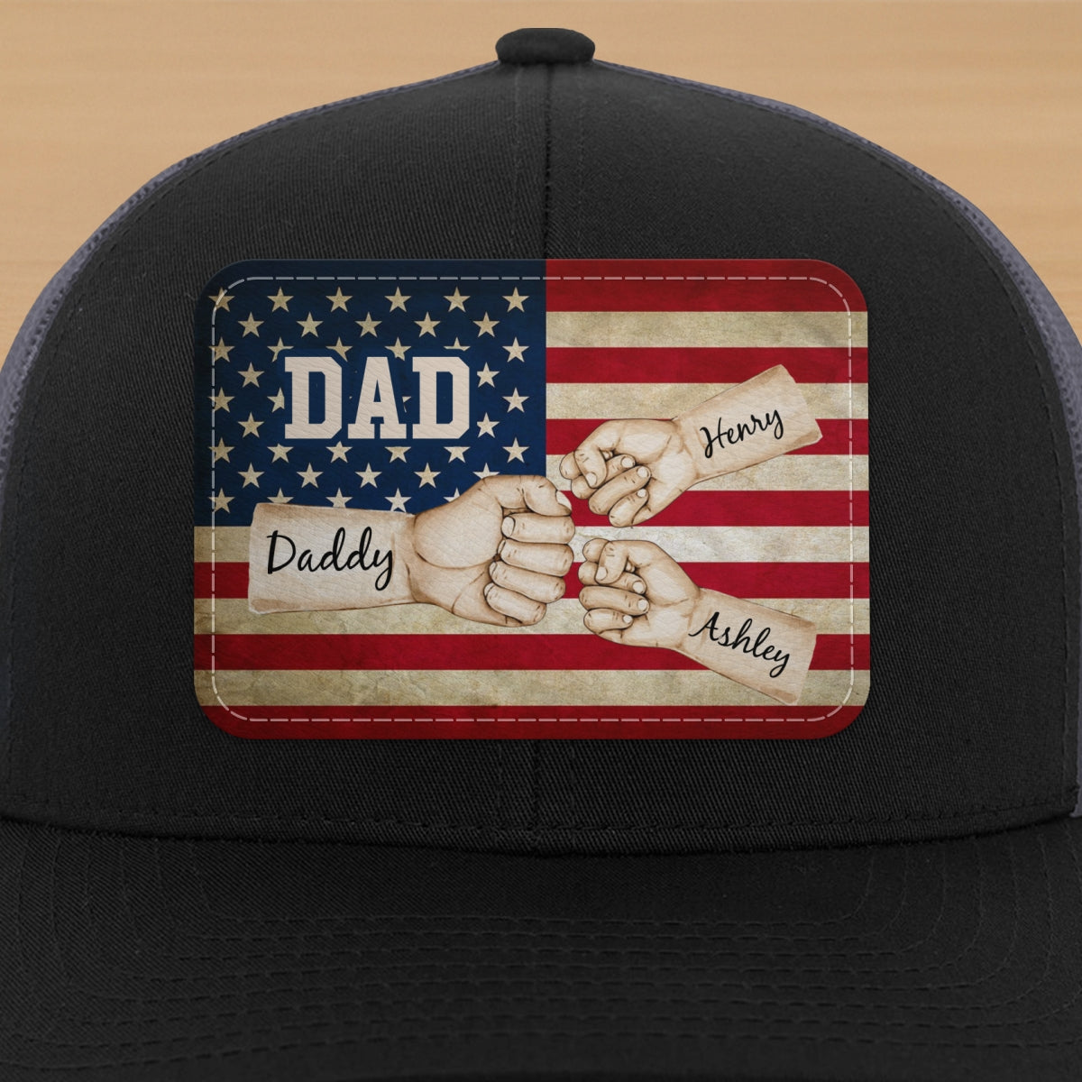Dad Grandpa Papa Fist Bumps Nation Flag Personalized Leather Patch Hat