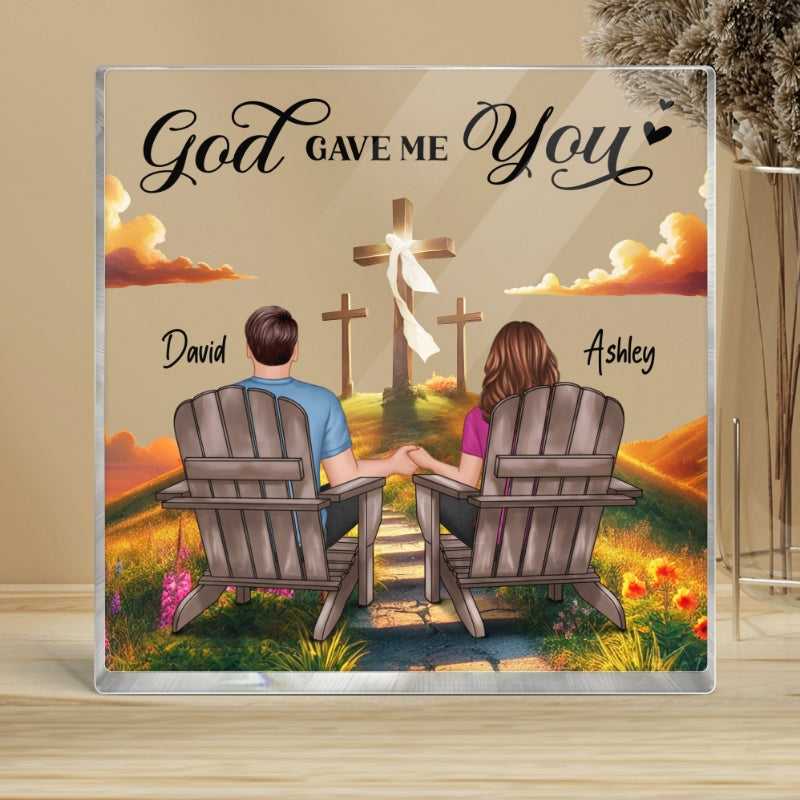 Cross God Knew My Heart Needed You Old Couple Sitting Together Personalized Acrylic Block Plaque, Anniversary Gift For Him, Her, Husband, Wife