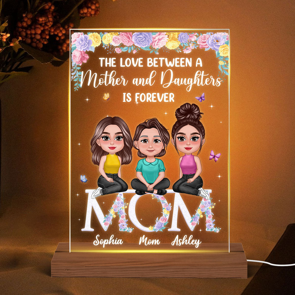 Pretty Doll Mother Daughter Sitting On Text Personalized Acrylic LED Night Light