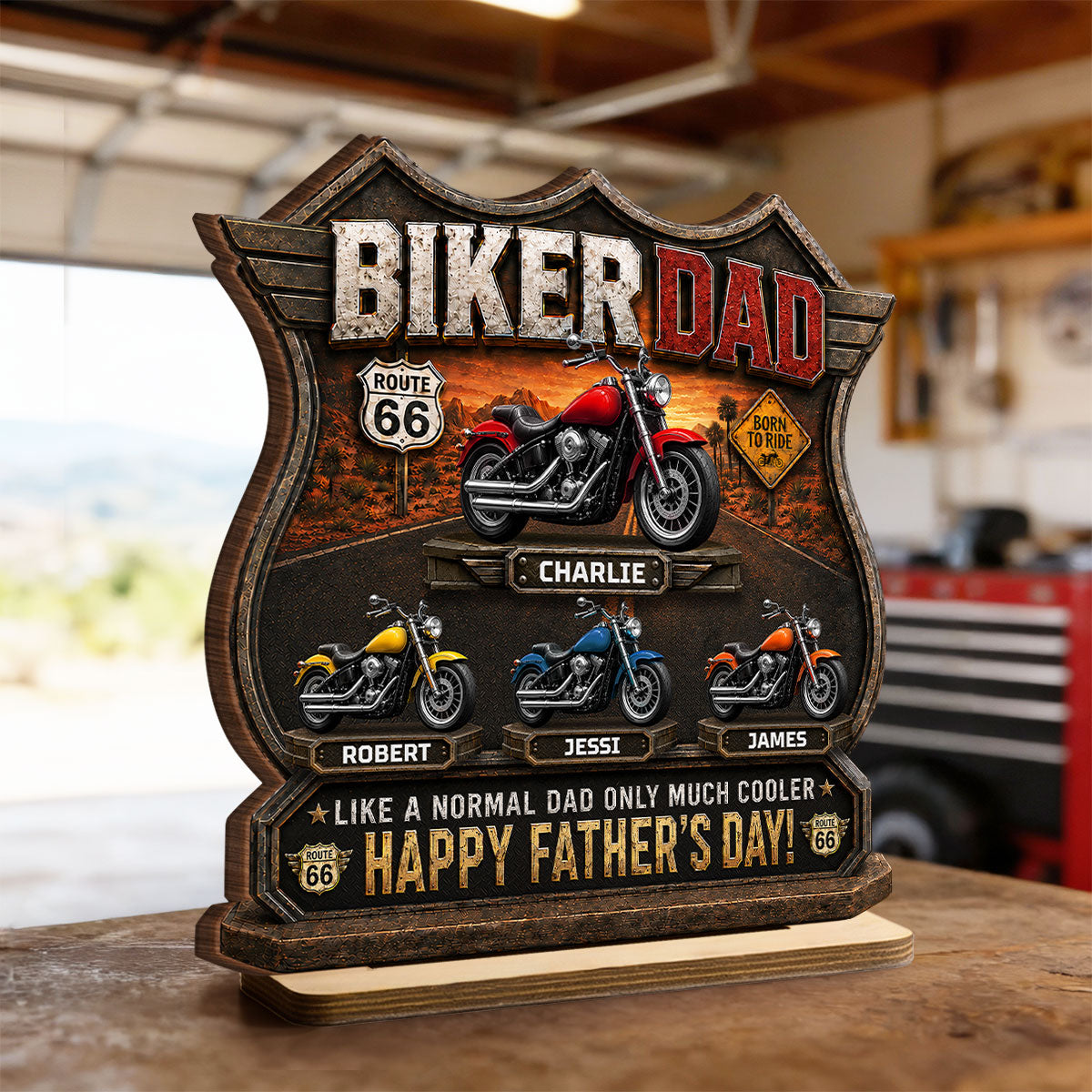 Biker Dad Cooler Dad - Personalized 2-Layered Wooden Plaque - Gift For Dad, Husband, Grandpa, Bikers