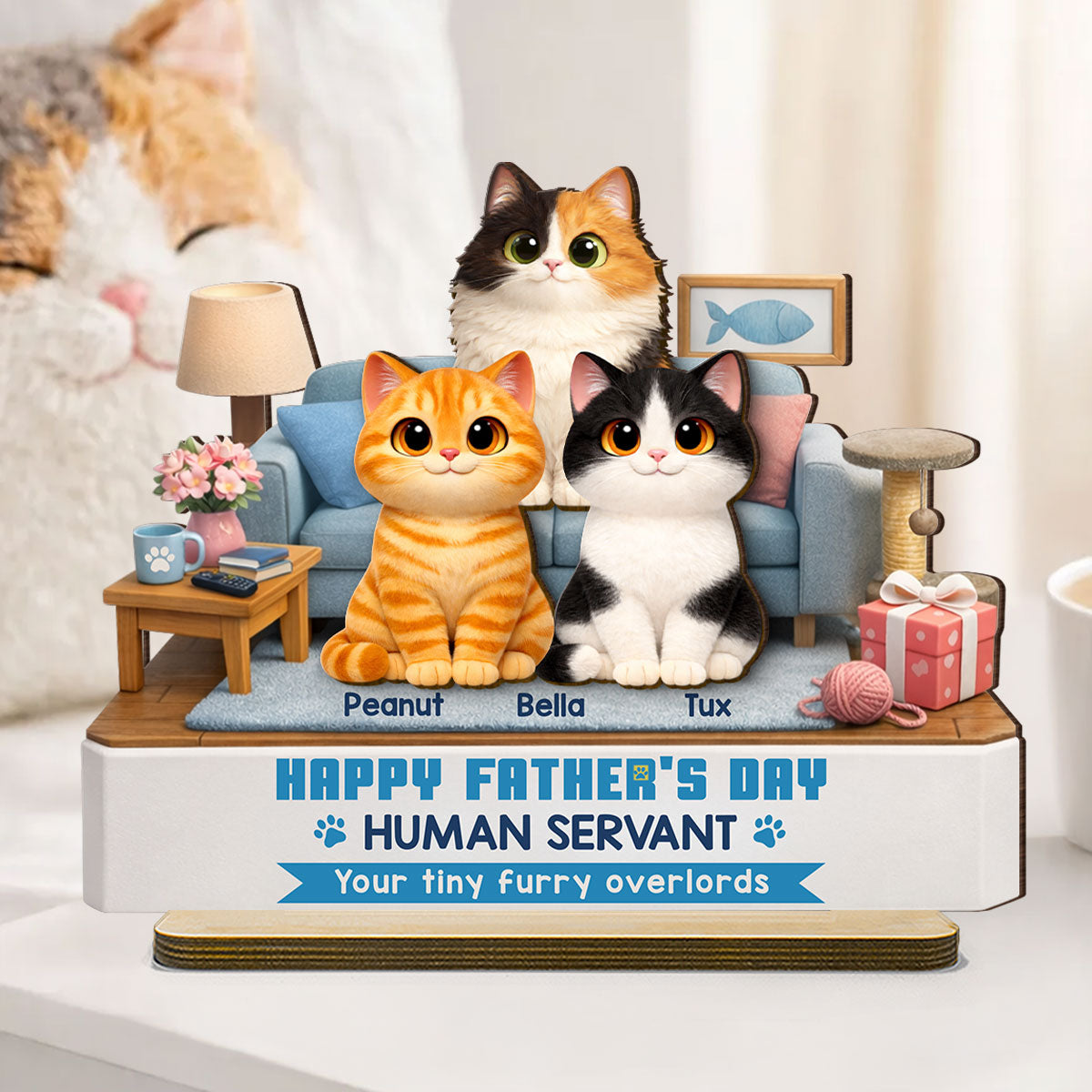 Cat Dad Cute Fluffy Cats Happy Human Servant - Personalized 2-Layered Wooden Plaque - Funny Gift For Cat Dad, Cat Lovers