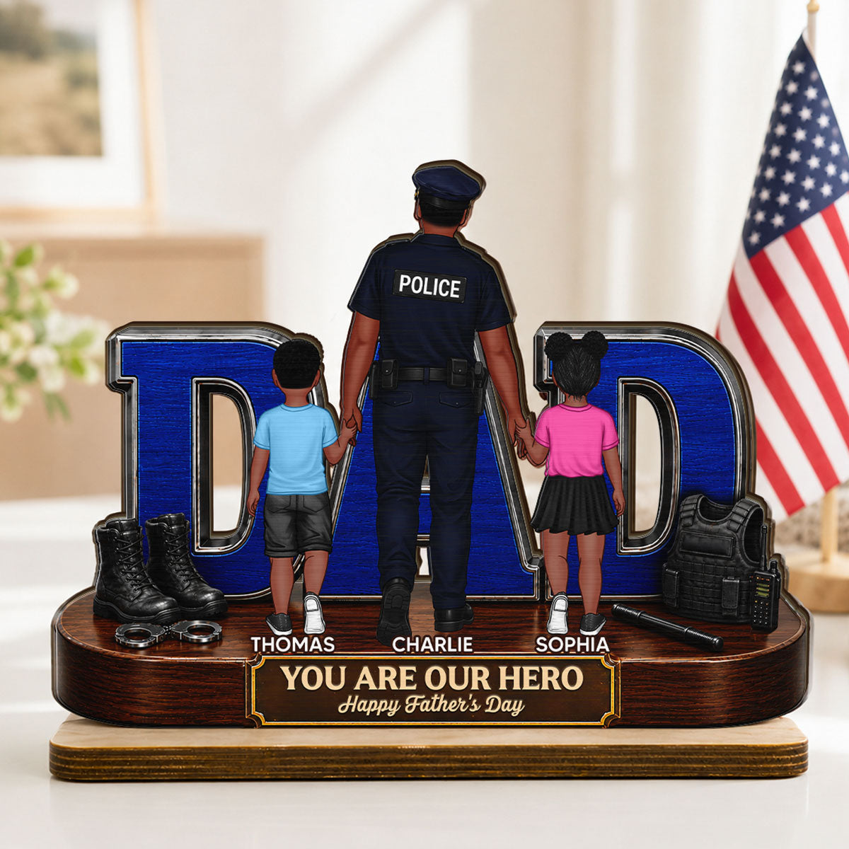 Proud American Police Dad You Are Our Hero - Personalized 2-Layered Wooden Plaque - Gift For Dad