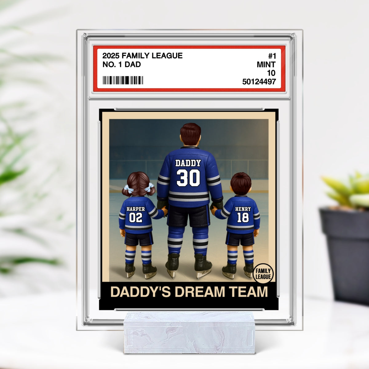 Hockey No. 1 Dad Man & Kids Trading Card Style Personalized Acrylic Plaque