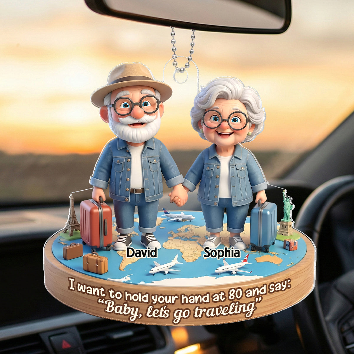 3D Effect Old Couple Baby Let's Go Traveling - Personalized Acrylic Car Hanger - Sentimental Gift for him, for her