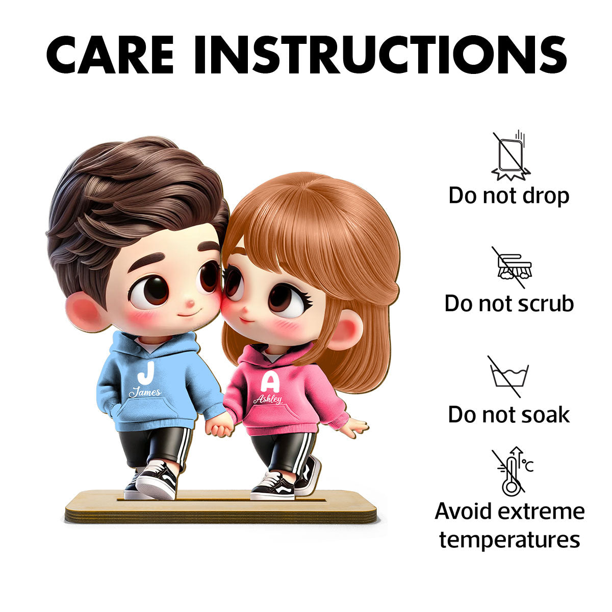 3D Effect Cute Cartoon Couple Holding Hands Personalized Standing Wooden Plaque, Anniversary & Gift for him, Gift for her