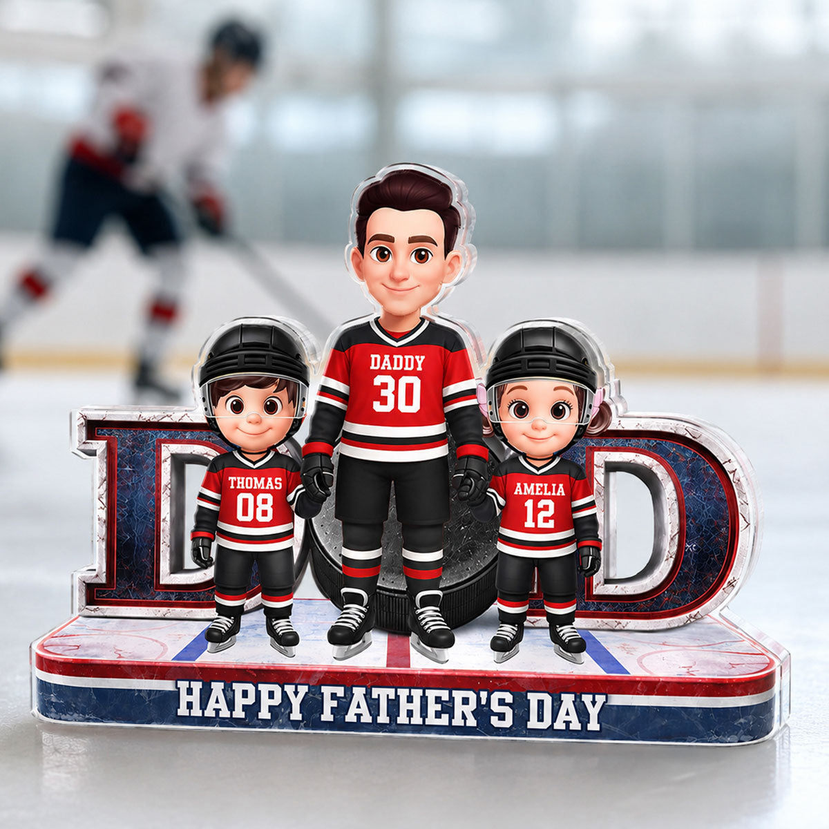 Hockey Dad And Kids Together Front View - Personalized Acrylic Block Plaque - Gift For Dad, Husband