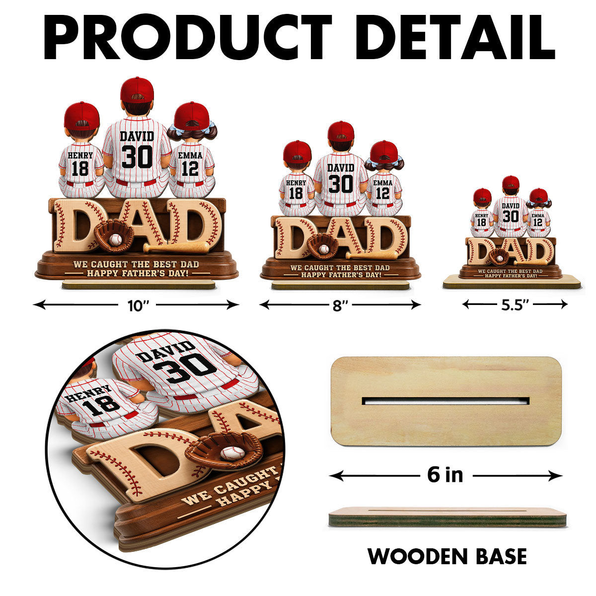 We Caught the Best Baseball Dad, Dad & Kids Back View - Personalized 2-Layered Wooden Plaque - Gift for Dad, Husband