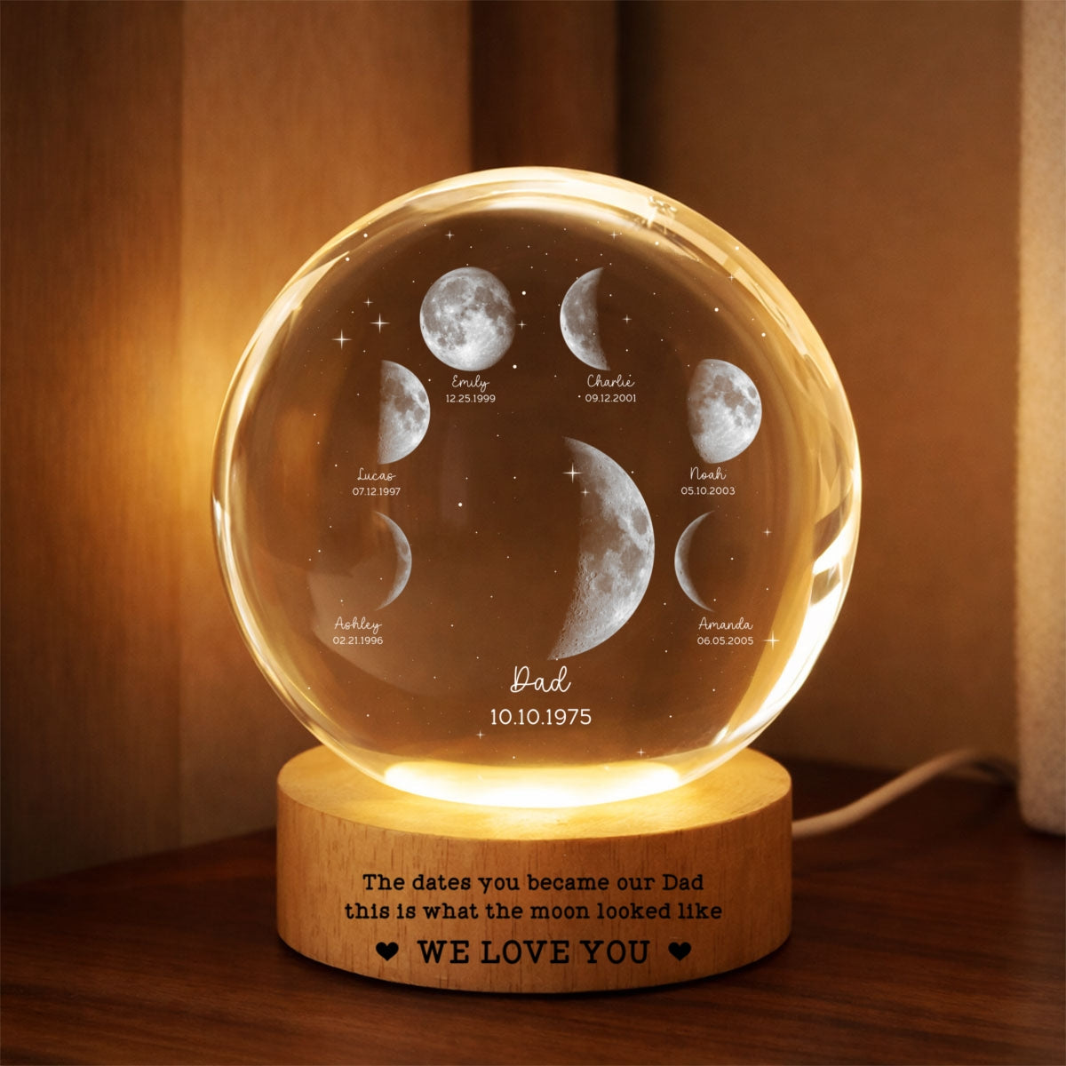 The Date You Became Our Dad - Personalized Crystal Ball LED Night Light - Custom Moon Phase by Date, Gift for Dad, Husband