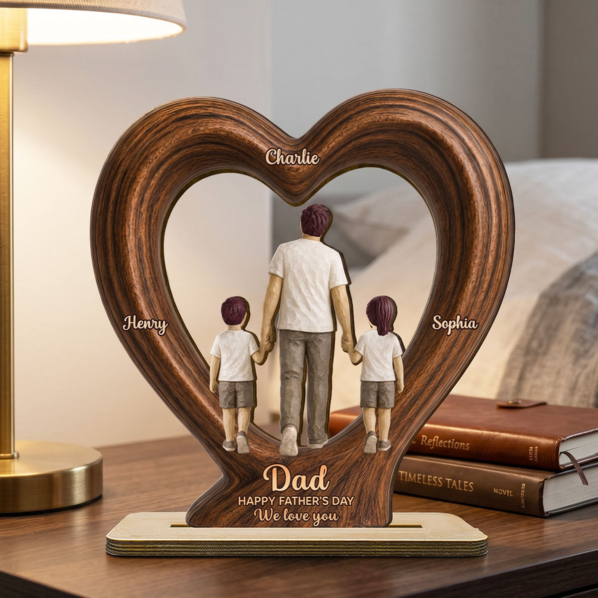 Sentimental Rustic Dad And Kids Walking In Heart 2D Flat - Personalized 2-Layered Wooden Plaque - Gift For Dad, Husband
