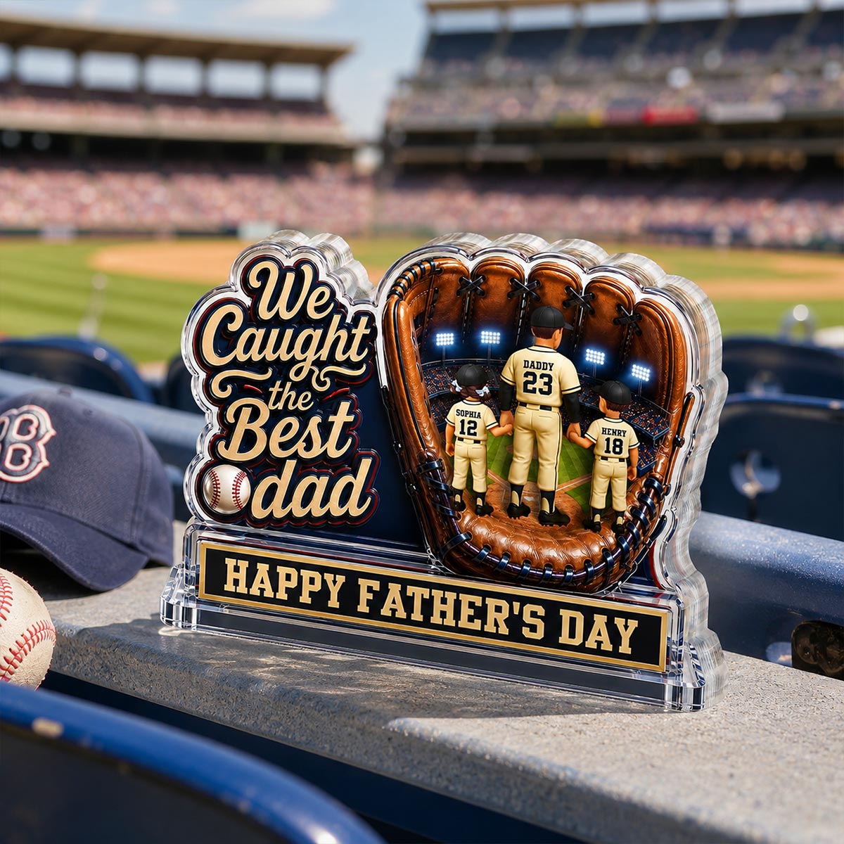 We Caught The Best Dad Dad & Kids In Glove 2D Flat - Personalized Acrylic Block Plaque - Happy For Baseball Dad