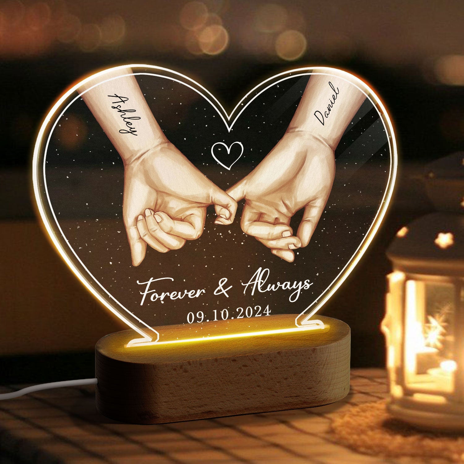 Personalized Couple Hands Pinky Promise Acrylic Heart LED Night Light, gift, Anniversary Gift for Couples
