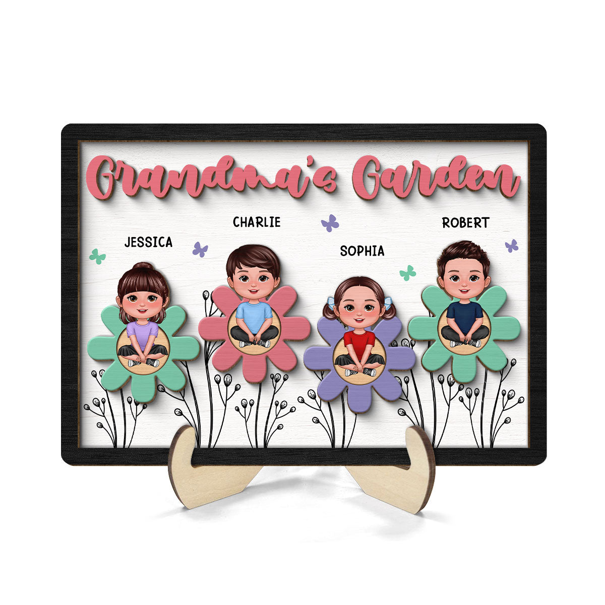 Grandma Mom Garden Crossed Legs Colorful Flowers Personalized 2-layer Wooden Plaque