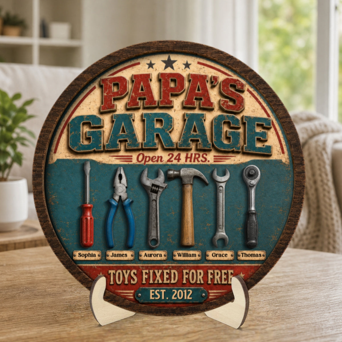 Papa Dad's Garage Toys Fixed For Free Custom Kid Name 2D Flat - Personalized 2-Layered Wooden Plaque - Gift For Mechanic Dad, Grandpa