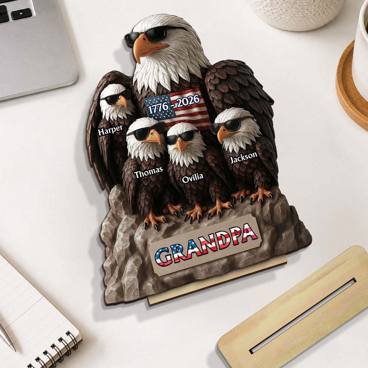 America 250th Anniversary Patriotic Eagle Grandpa Dad & Kids - Personalized 2-Layered Wooden Plaque - Gift, 250th Anniversary Gift, Keepsake For Grandpa, Dad