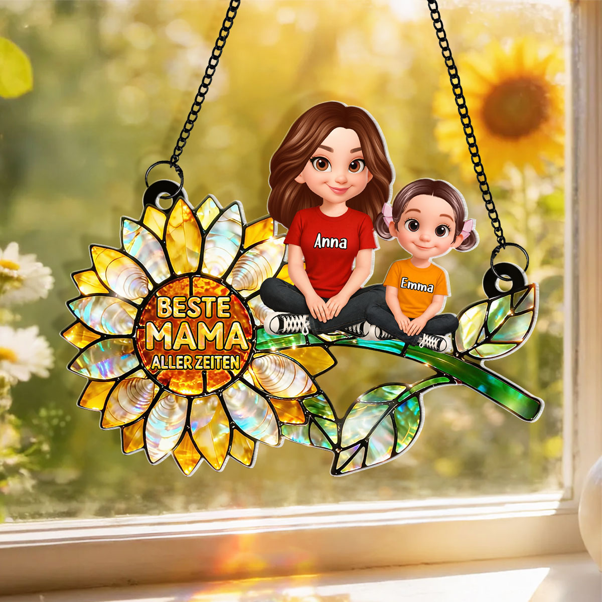 Sonnenblumen-Mama mit Kindern – Personalisierter Suncatcher frs Fenster – Liebevolles Muttertagsgeschenk fr Mama oder Ehefrau