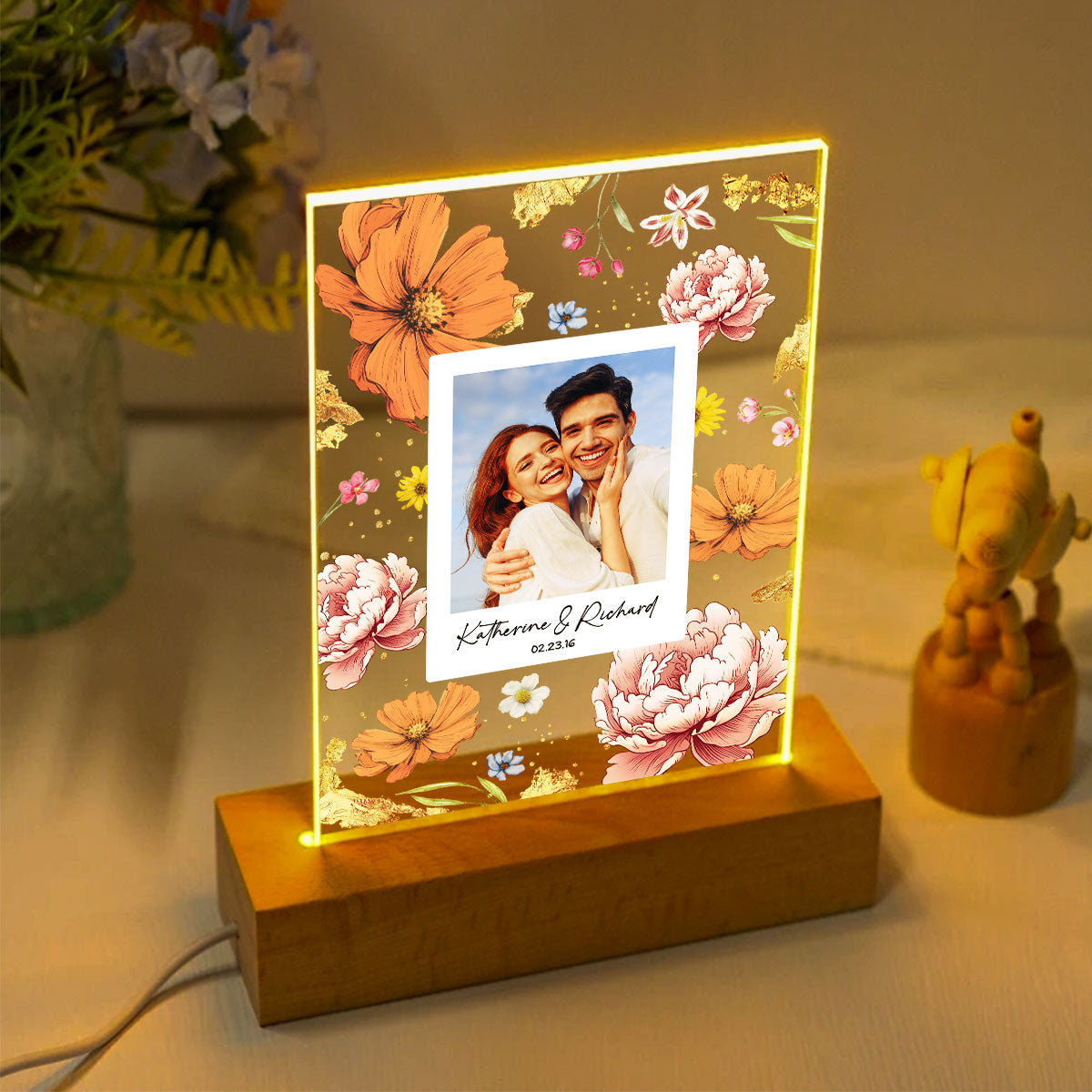 Couple Upload Photo Birth Month Flowers Personalized Acrylic LED Night Light, Anniversary Gift, Gift