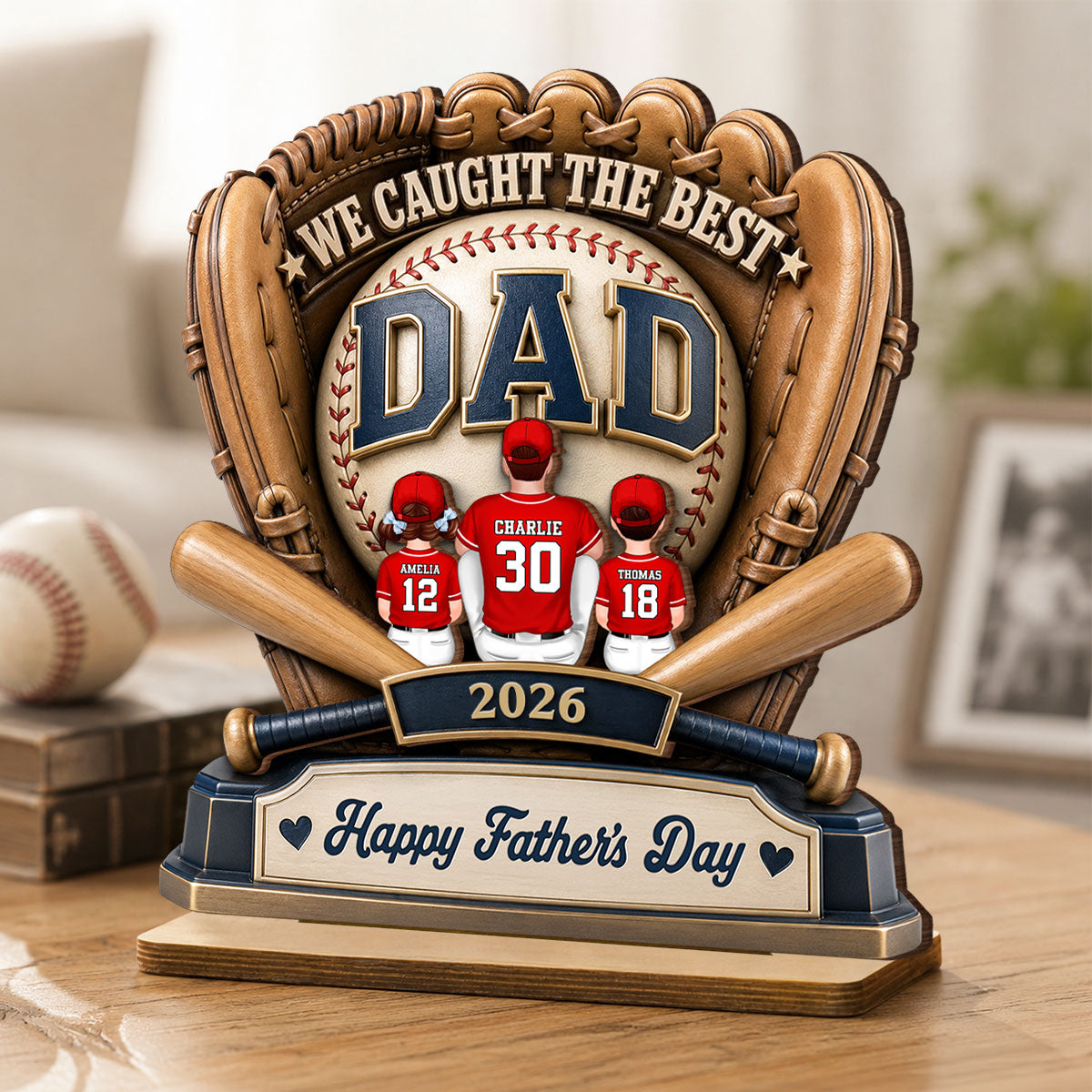 Dad's Greatest Catch Baseball - Personalized 2-Layered Wooden Plaque - Gift For Dad, Husband