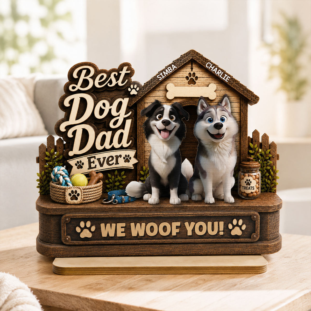Best Dog Dad Ever Cute Dogs 2D Flat - Personalized 2-Layered Wooden Plaque - Gift For Dog Dad