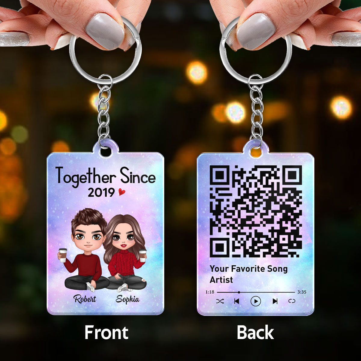 Doll Couple Sitting Together Since Favorite Song Scannable QR Code - Personalized Acrylic Keychain