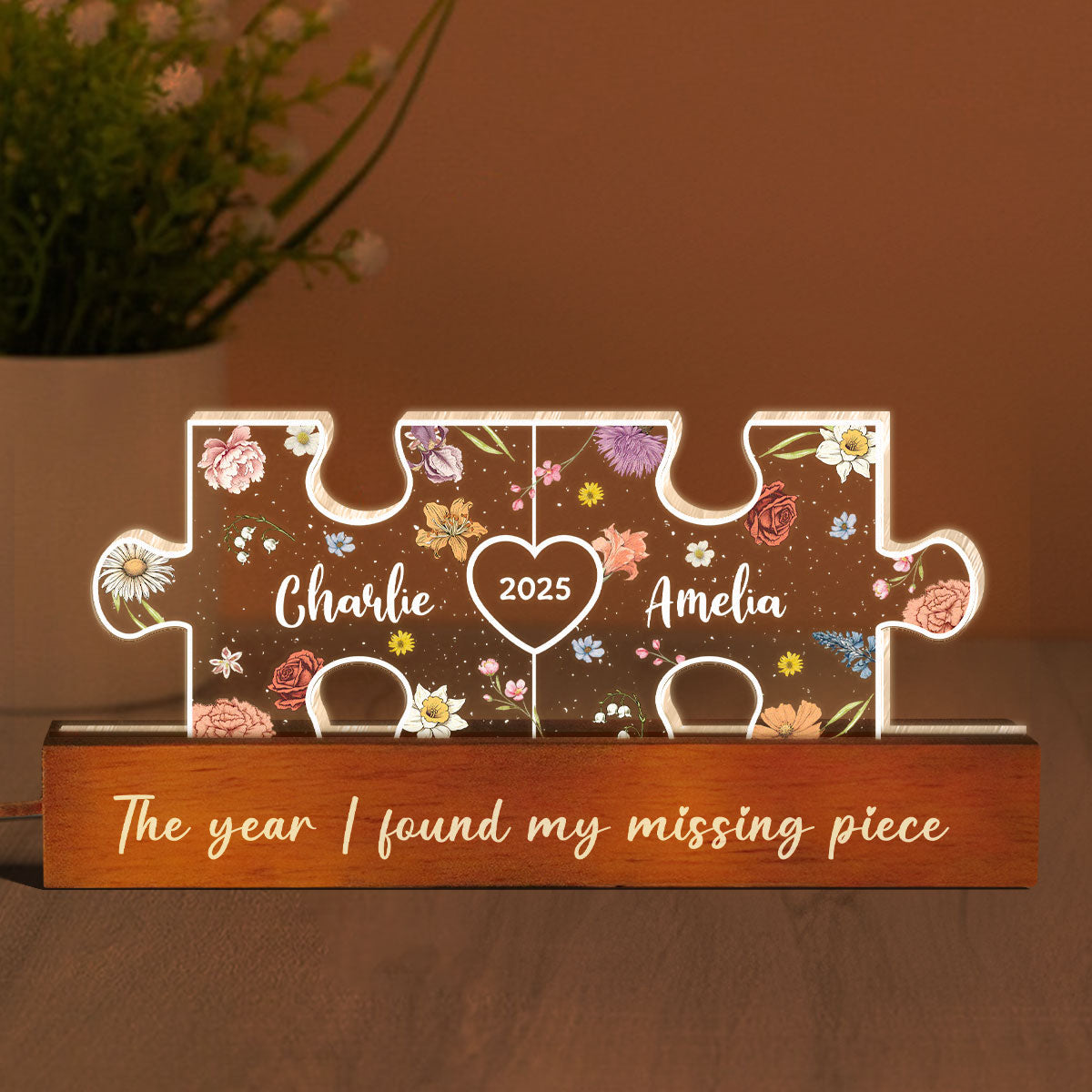 You Are My Missing Piece Couple Initials Floral Theme Personalized Acrylic LED Night Light, Heartfelt 2025 Gift, Anniversary Gift For Her, For Girlfriend, For Wife
