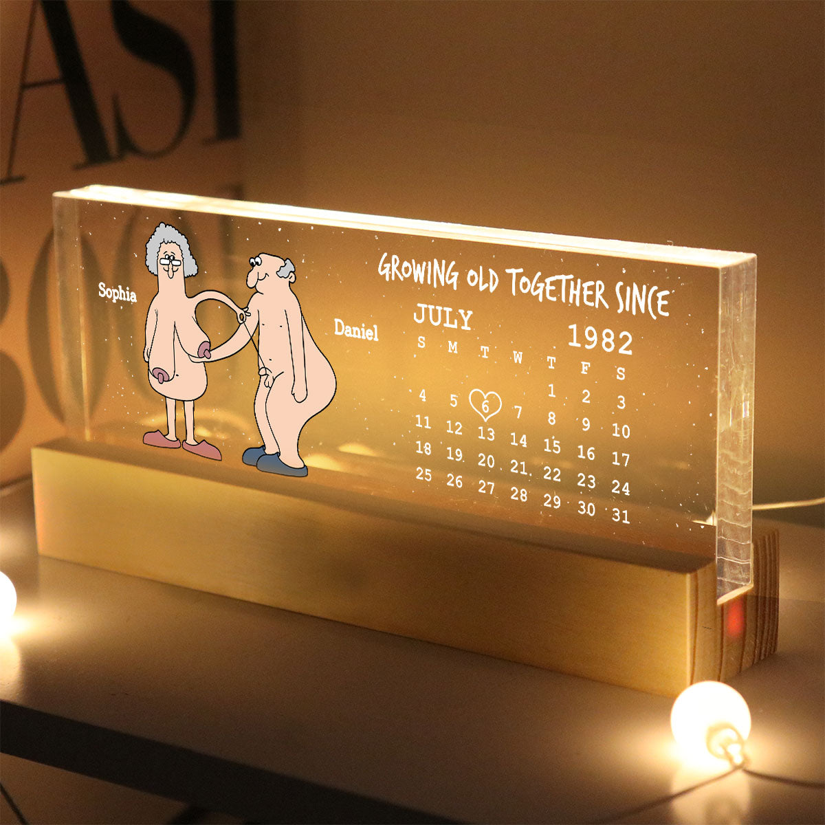 Growing Old Together Funny Old Couple Anniversary Calendar Keepsake Gift Personalized Acrylic Block LED Night Light