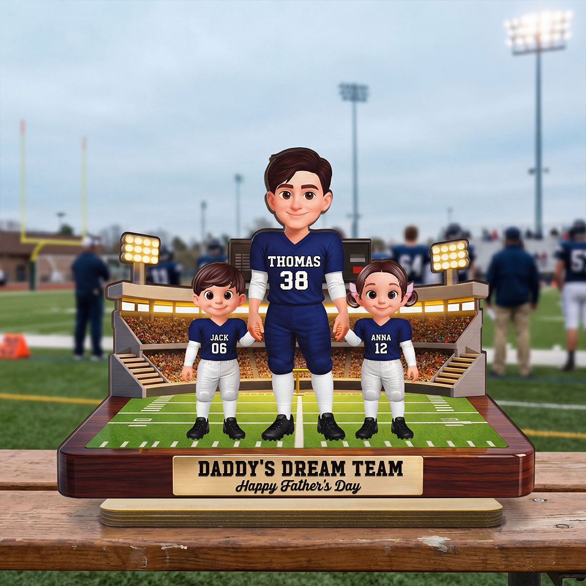 American Football Dad And Kids - Personalized 2-Layered Wooden Plaque - Gift For Dad