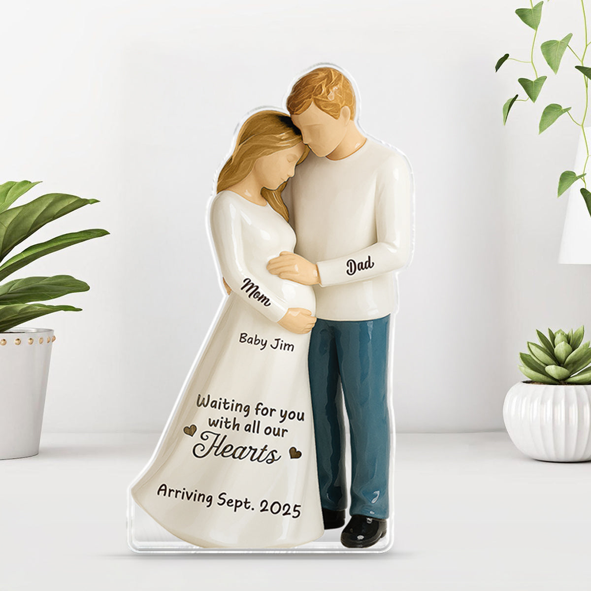 Waiting For You With All Our Hearts 3D Effect Couple Expecting Baby Personalized Acrylic Flat Block Plaque, Baby Shower Gift For Parents-to-be