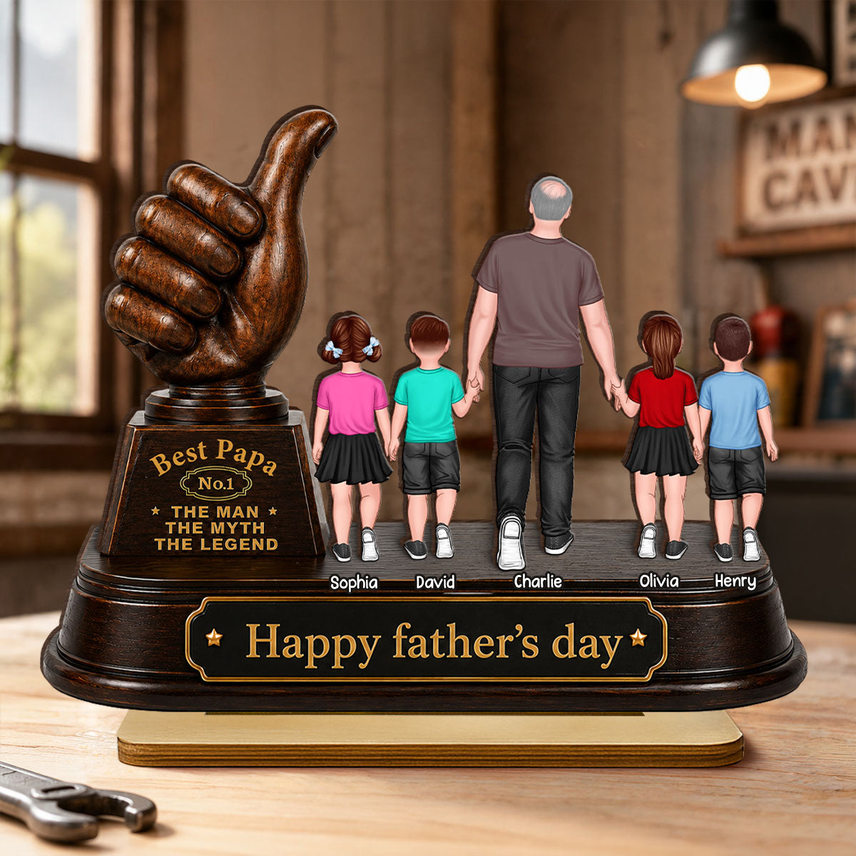 No. 1 Dad Grandpa Trophy - Personalized 2-Layered Wooden Plaque - Gift for Dad, Husband